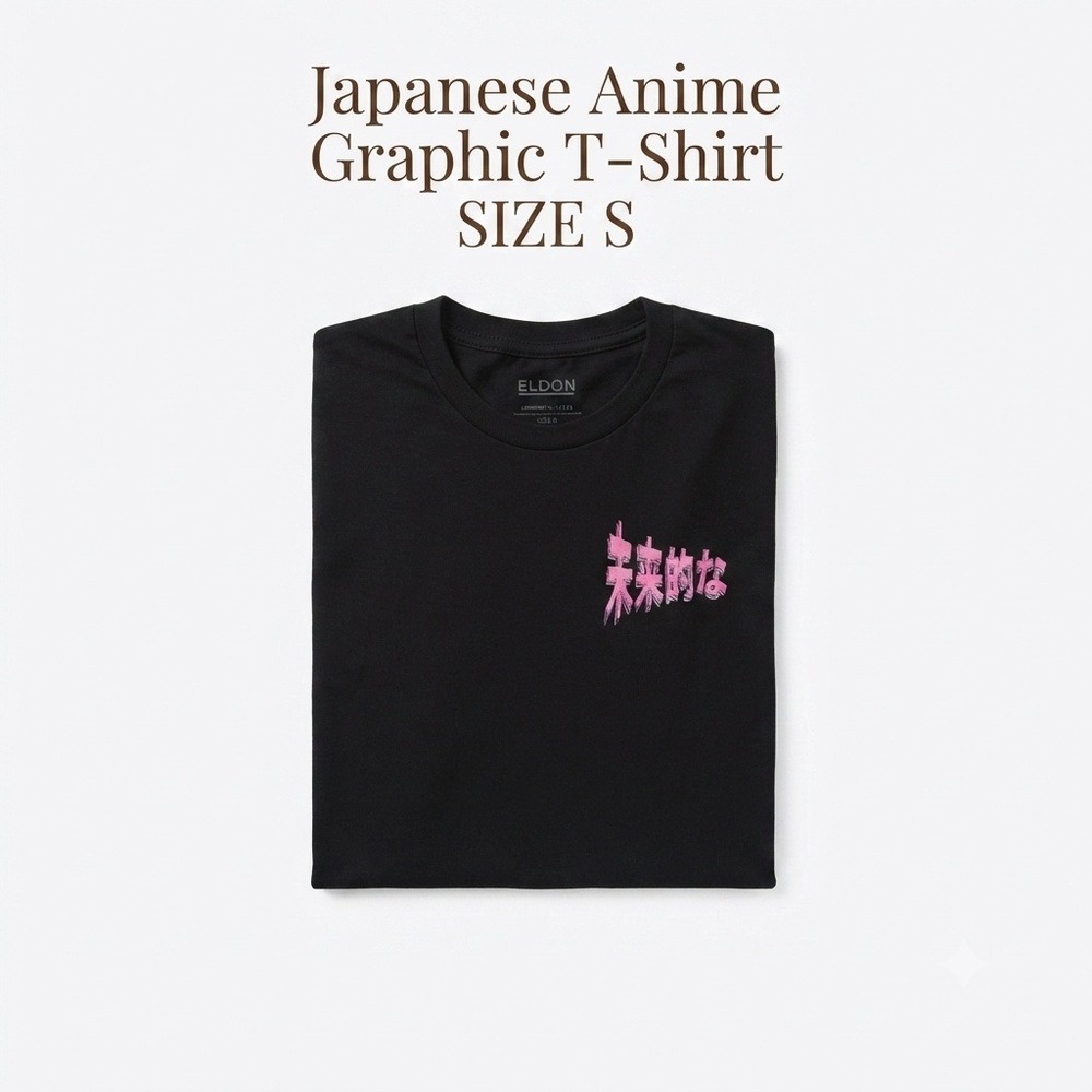 Eldon Japanese Anime Graphic T-Shirt Black Pink Manga Streetwear Small